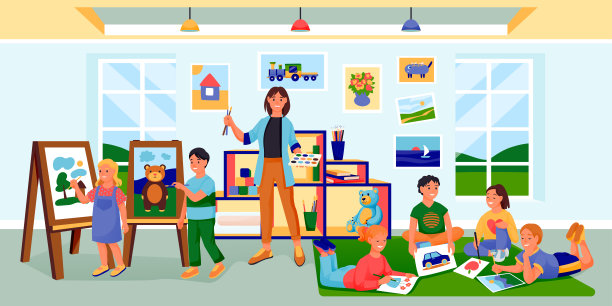 儿童艺术课，教育，爱好，工艺和创意概念。矢量平面卡通儿童人物插图素材图片