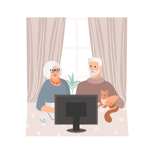 通过老年人的概念来学习电脑。技术传播，远程教育，积极的社交生活，在线交流，老年夫妇一起学习使用电脑。在线购物。向量图片下载