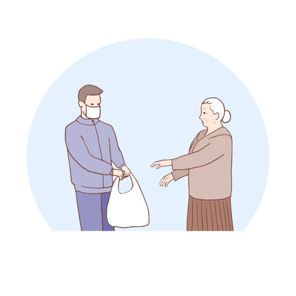 带着口罩的医务志愿者为老年妇女带来食物。社工给老妇人送药。矢量平面卡通人物插图。照顾老人。图片下载