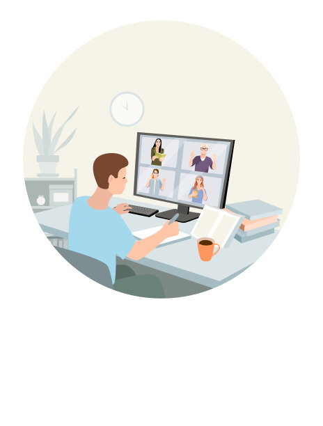 年轻人在家里工作或学习。自由职业者，在家工作，在线工作，家庭办公室，电子学习概念。远程工作，远程教育，视频聊天。向量的海报图片下载