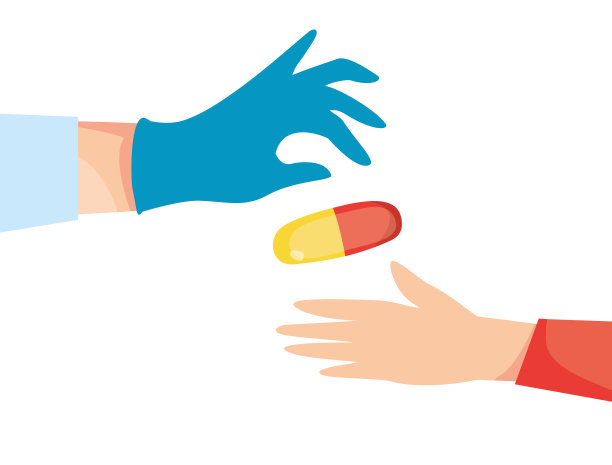 医生的手在医用乳胶手套给出了一个药丸矢量插图。给病人开药方。图片下载