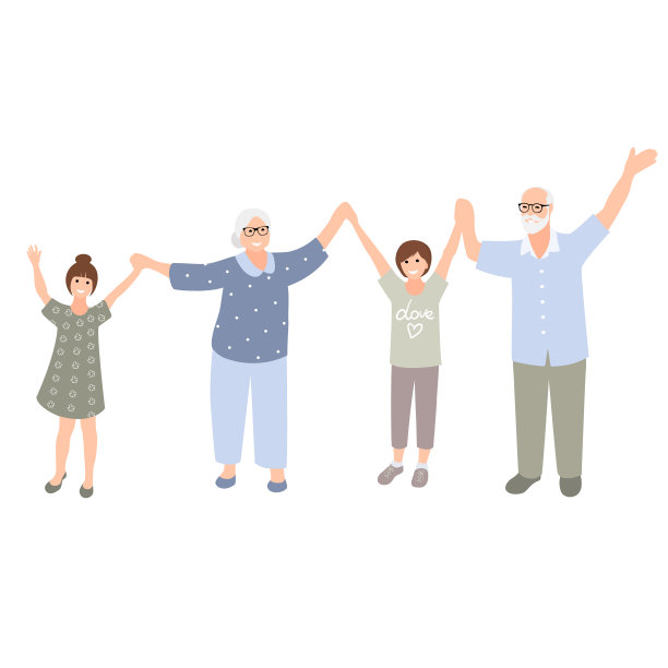 快乐的爷爷奶奶和三个孙子站在一起。有孩子的老夫妇。家人花时间在一起。向量图片下载