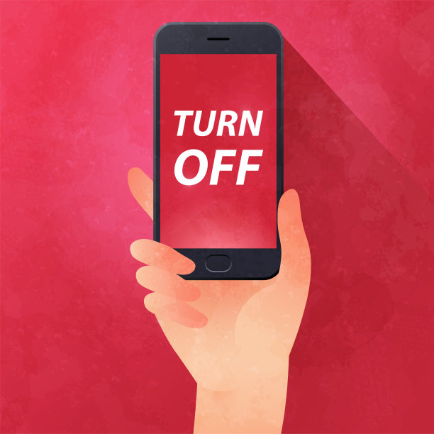 手持带有“关闭”标签的智能手机，红色背景上的平面设计。矢量插图。图片下载