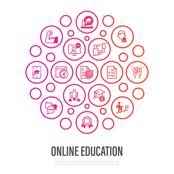 在线教育的图标是圆形的细线。移动应用程序学习，定义水平，培训时间表，动机，网络研讨会，测试，价格，证书。矢量插图。图片下载