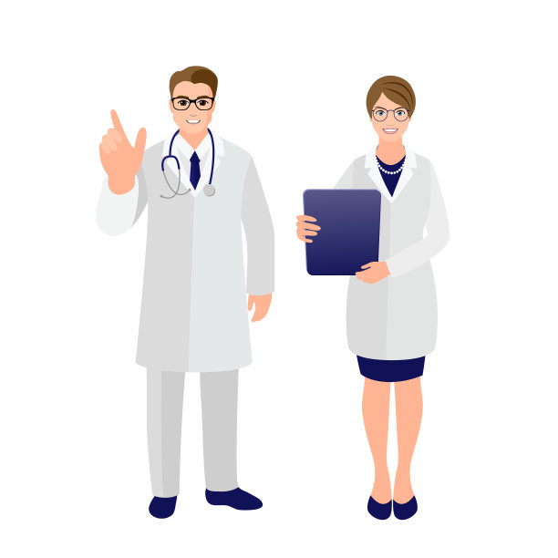 医生和护士。一组穿着医疗制服的医生。有吸引力的年轻人与注意手势和女孩与报告。卫生保健的概念。图片下载