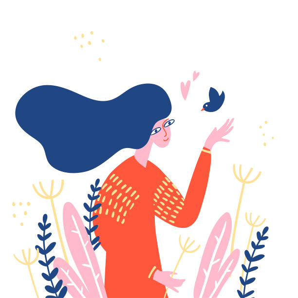 长头发的女人走在草地上，看到不同的药草和小鸟。图片下载