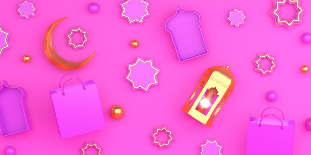 飞行购物袋，阿拉伯几何星形装饰品，灯笼，粉红色背景上的月牙。伊斯兰庆祝日斋月kareem或eid al fitr adha的设计概念，3D插图。图片下载