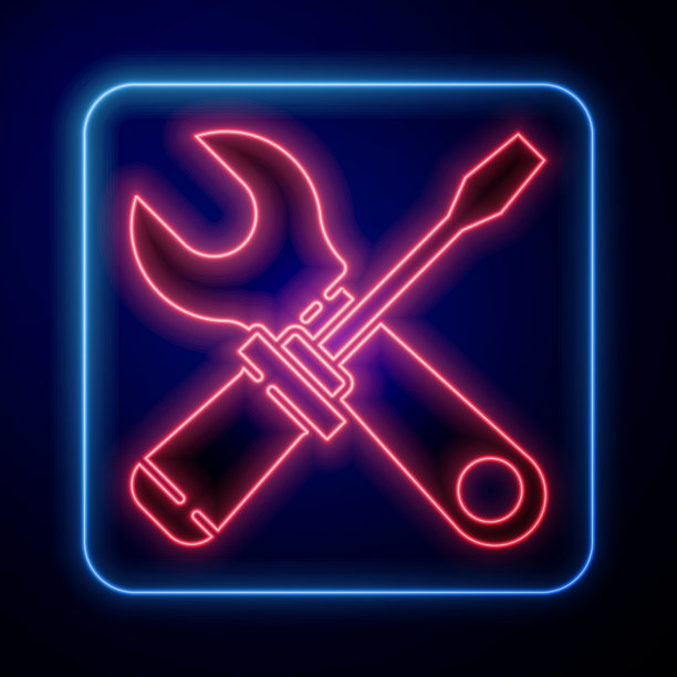 发光的霓虹灯螺丝刀和扳手工具图标隔离在蓝色背景。服务工具的象征。矢量图图片下载