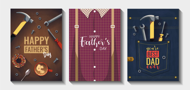 一套父亲节快乐卡片或海报。带吊带的格子衬衫，牛仔口袋，工具，螺栓，螺母，咖啡和甜甜圈。图片下载