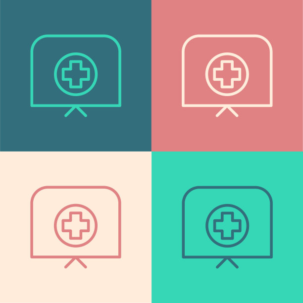 流行艺术线护士帽与十字图标孤立的颜色背景。护士帽标志。矢量图图片下载