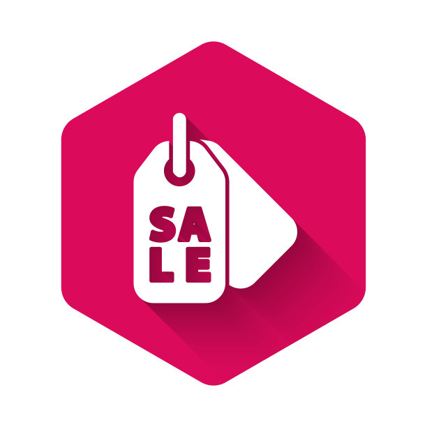 白色价格标签与铭文销售图标孤立与长影子。徽章的价格。折扣促销标签。粉红色的六角按钮。矢量图图片下载