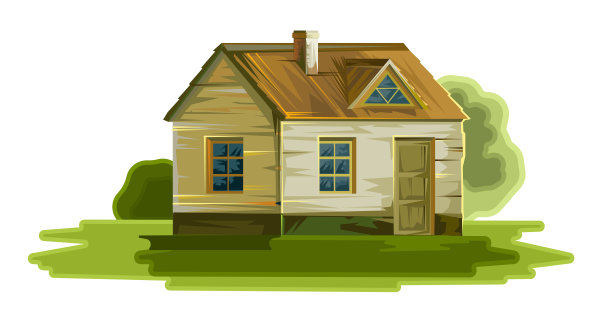旧房子的外观。孤立的矢量图。墙壁，门，窗户都裂了。仍然是一个舒适的家。简单的乡村小屋。卡通农村景观。图片下载