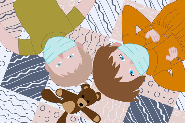 疫情期间，戴医用口罩的儿童躺在毯子上图片下载