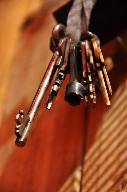 特写的复古钥匙束挂在木制的背景图片下载