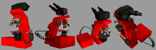 红色科学显微镜的图像与CPU块的虚构设计孤立在物体的灰色现实的3d插图，保健概念图片下载