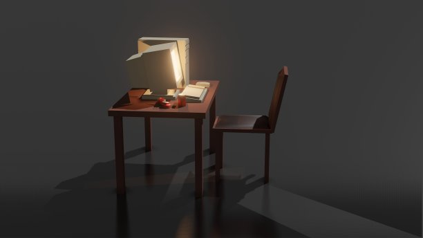 侧视图简单的模拟组成与旧电脑上的办公桌椅3d渲染。图片下载