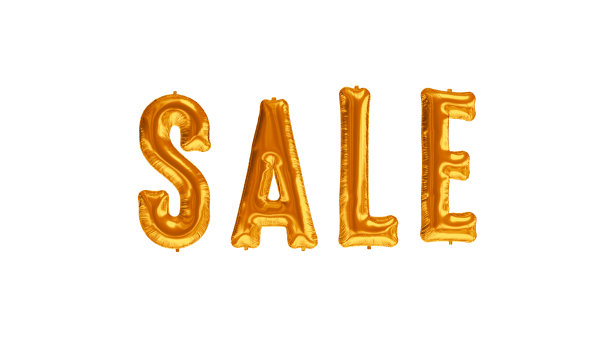 销售气球金色文字白色背景，折扣横幅，3d渲染图片下载