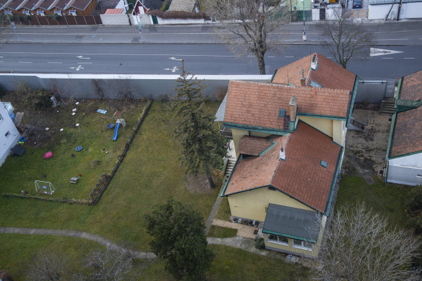 具有乡村气息的城市街道房屋航拍：瓦片屋顶和空旷的沥青路面图片下载