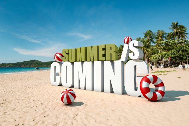 3D渲染夏季即将到来与字母在天堂的海滩图片下载