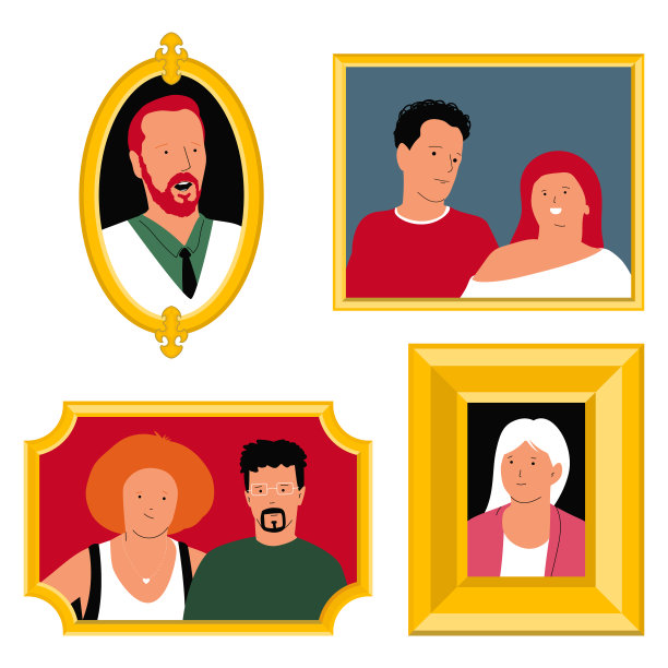 全家福在金色框架矢量卡通集孤立在白色背景。图片下载