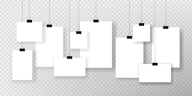 纸海报模板上透明的背景。收集空白框架布局挂在回形针。矢量图图片下载