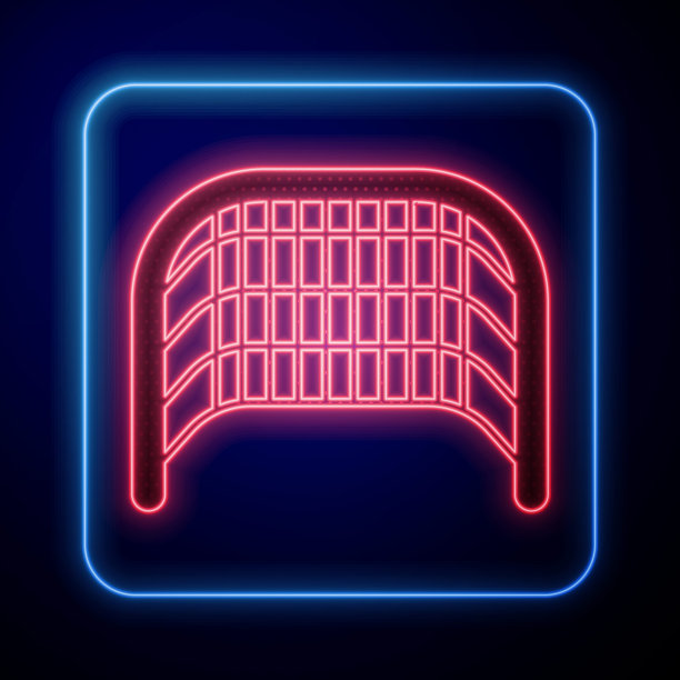 发光的霓虹灯冰球目标与网守门员图标隔离在蓝色背景。矢量图图片下载