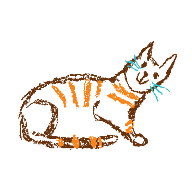 滑稽的红斑猫坐着。蜡笔像孩子的手画可爱的小猫艺术。彩色粉笔或铅笔画。图片下载