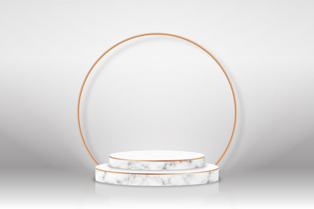 白色3d讲台大理石纹理和金色元素。空舞台或基座模型与聚光灯照明。颁奖典礼及产品展示的讲台或平台图片下载