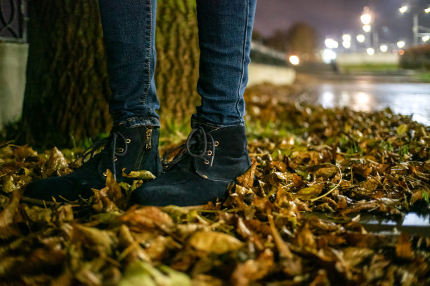 秋叶上穿着蓝色鞋子的女人的脚的概念形象。脚，鞋，自然行走图片下载