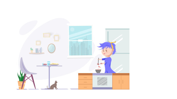 女孩带着宠物在厨房做饭，在家学习和发展，人们在检疫休闲活动技能，卡通人物平面设计矢量插图图片下载