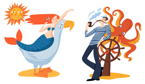 印刷插图与卡通可爱的美人鱼和水手图片下载