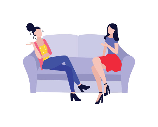 两个女性朋友坐在家里的沙发上聊天，孤立的矢量插图图片下载
