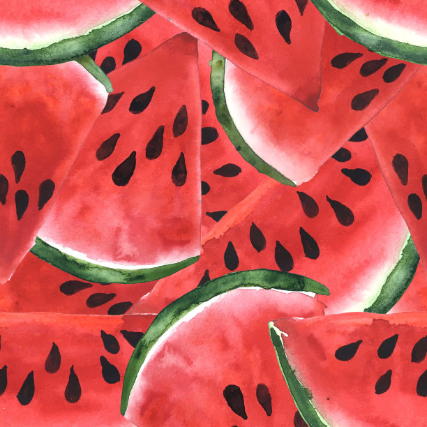 红色多汁的西瓜片。无缝的水彩模式图片下载
