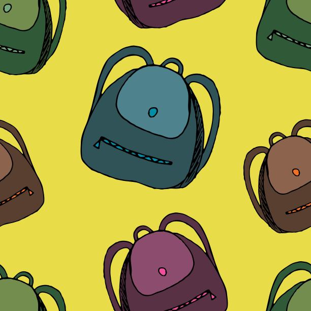 矢量无缝图案，黄色背景上的书包图片下载