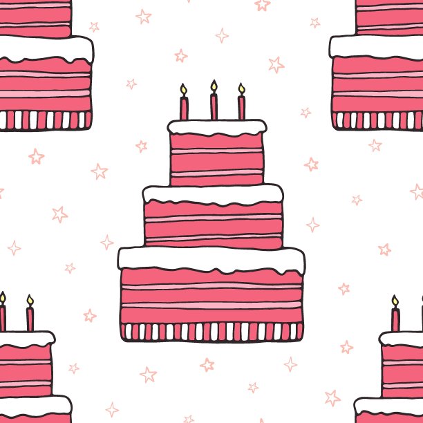 手绘三层大蛋糕无缝图案，燃烧的蜡烛和星星。甜蜜快乐生日涂鸦插图设计卡，邀请，墙纸，包装纸，织物图片下载