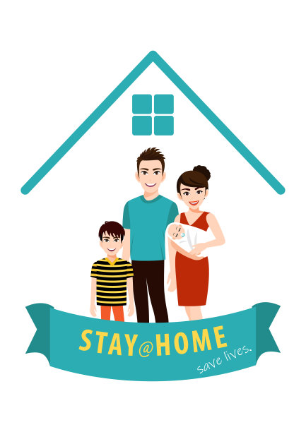 卡通人物与呆在家横幅模板。家人站在家里。检疫隔离或时期。卫生保健的概念。对感染冠状病毒的恐惧。时髦的平面矢量插图450[转换]图片下载