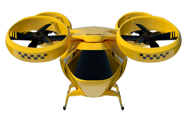 黄色飞行出租车孤立在白色背景下，城市电动交通无人机。汽车配有螺旋桨，空气清新，乘坐速度快。3D插图，3D渲染，复制空间。图片下载