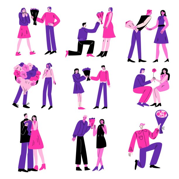 年轻男子送花花束给他们心爱的女人矢量插图图片下载