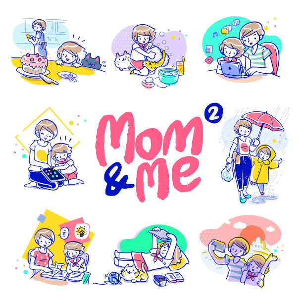 手绘母亲和孩子矢量卡通插画，一起做各种活动。图片下载
