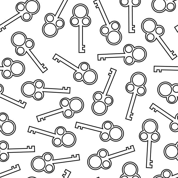 无缝模式与古董钥匙。白色背景上的钥匙锁。图片下载