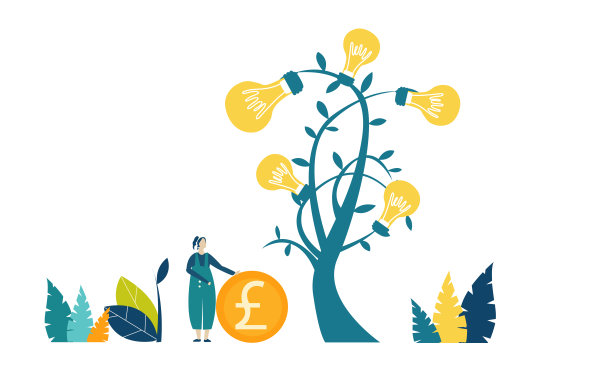年轻女子站在摇钱树旁，拿着一英镑硬币作为成长和利润的象征。图片下载