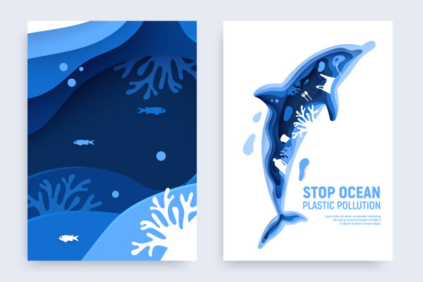 海洋塑胶污染标语附海豚剪影。剪纸海豚与塑料垃圾，鱼，气泡和珊瑚礁孤立在白色的背景。纸艺术矢量图图片下载