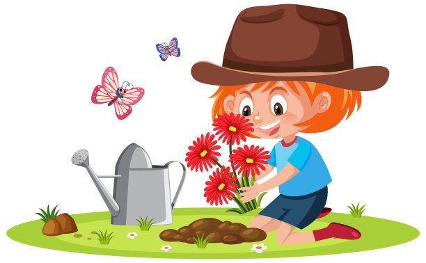 小女孩在花园里给植物浇水的场景图片下载