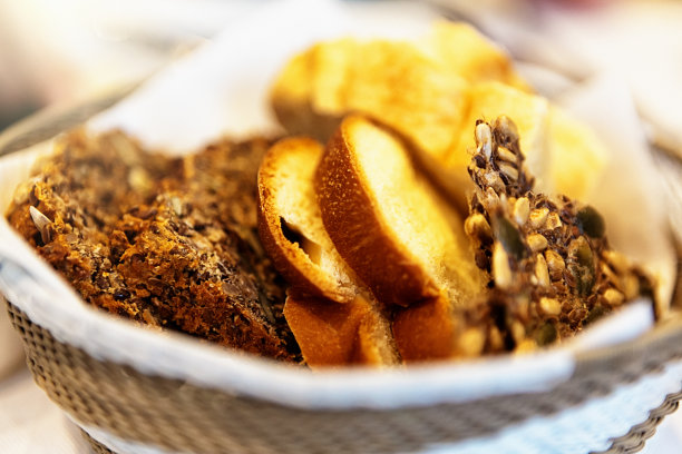 餐厅面包篮中的各种切片面包图片下载