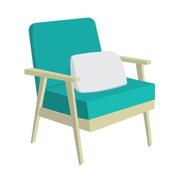 3D模型的木制复古扶手椅与绿色的布和枕头。侧视图。图片下载