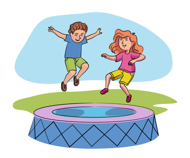 男孩和女孩在蹦床上玩得很开心图片下载