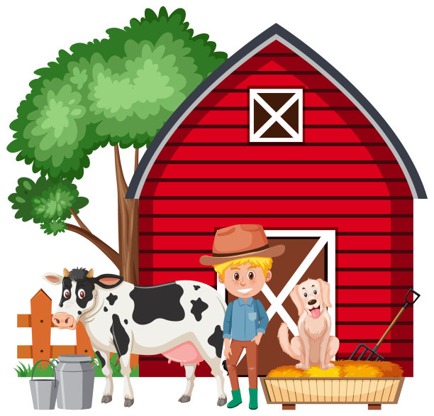 农夫和动物在农场的场景图片下载