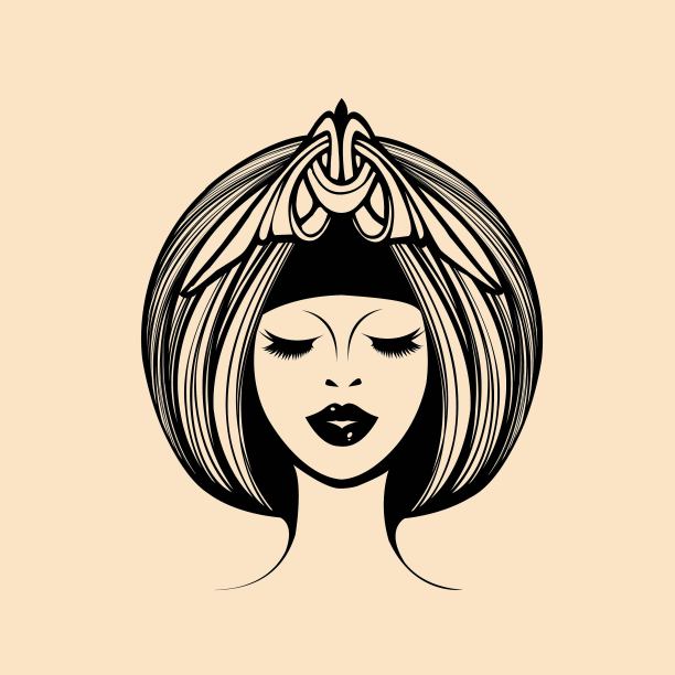 美容院的标志。美丽的非裔美国妇女，优雅的发型和化妆，戴着皇冠。化妆品和时尚插图。图片下载