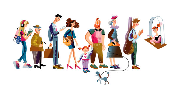 矢量人物男女排队办案窗口图片下载