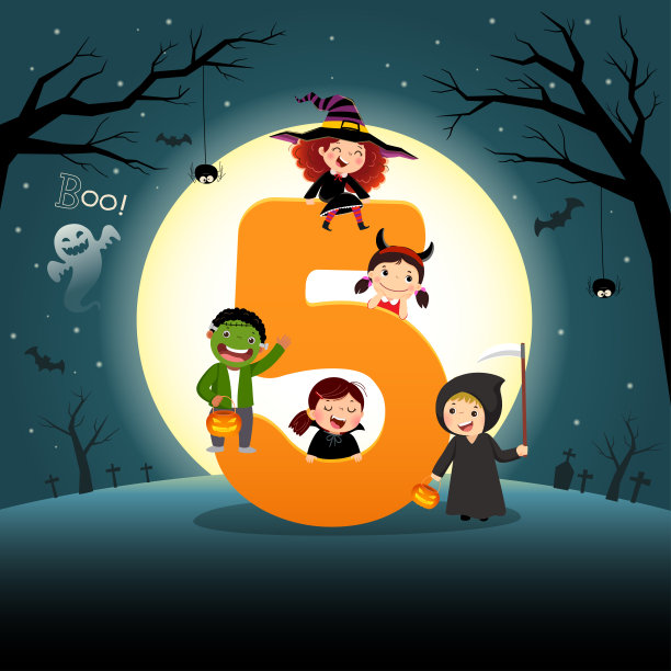 幼儿园和学前学习的抽认卡与若干孩子数5。素材图片